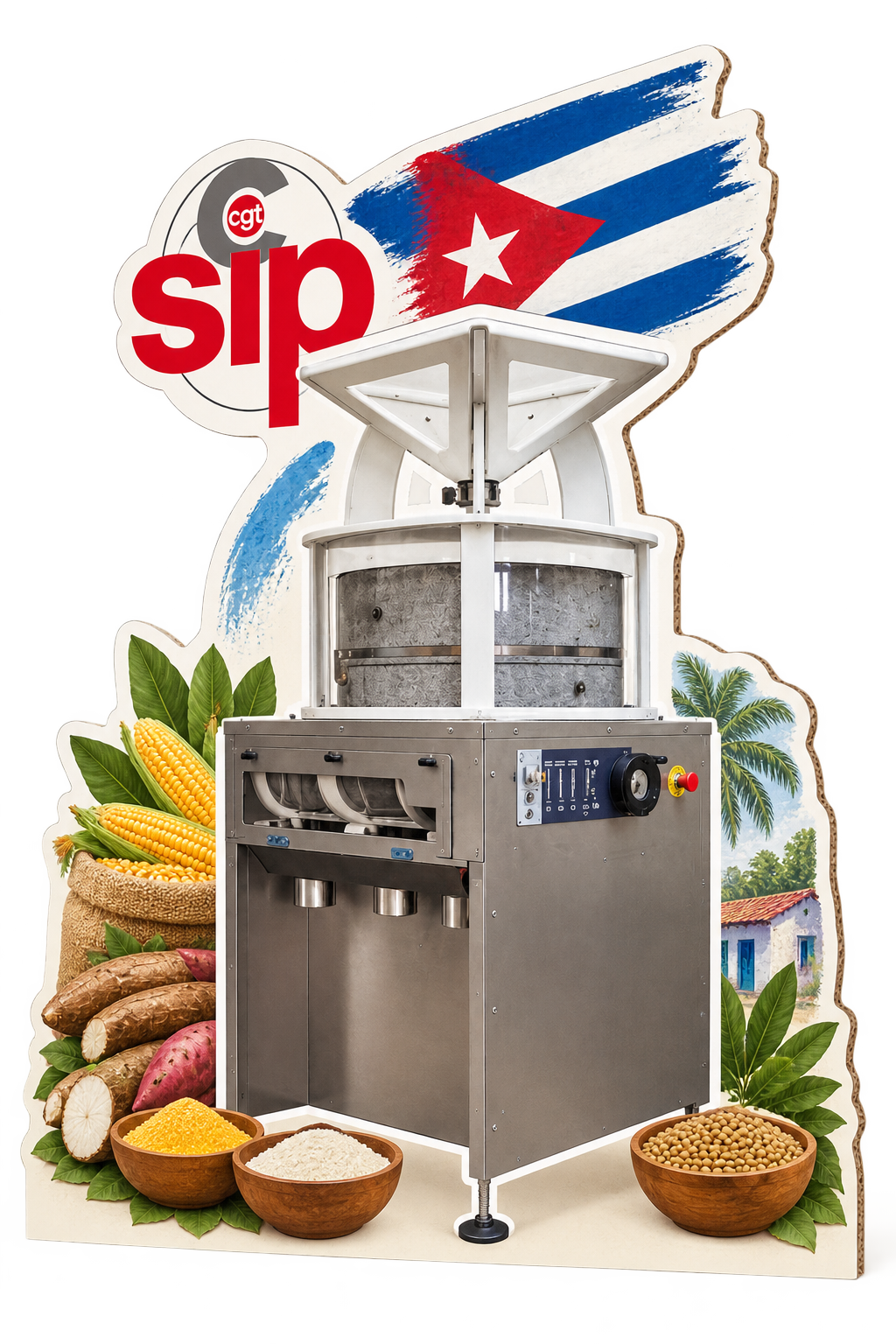 Moulin professionnel AMPLYO entouré de manioc, maïs et soja — illustration du projet